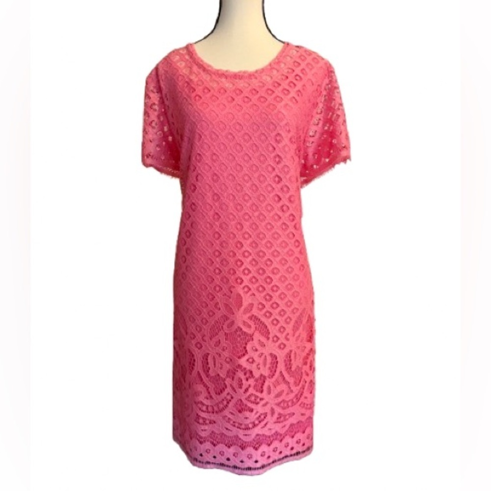 Isaac Mizrahi Live! Pink Stretch Lace Short Sleeve Dress Kentucky Derby Showers - Picture 2 of 4